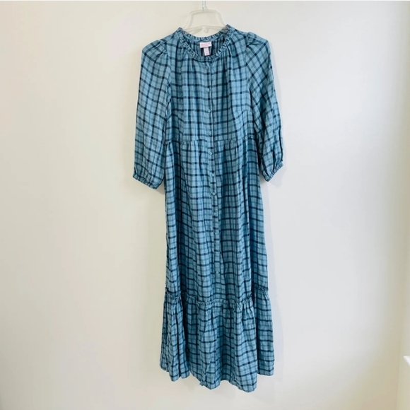 Ingrid & Isabel Maternity Plaid Dress Half Sleeve Blue Long Maxi Maternity - Picture 3 of 4